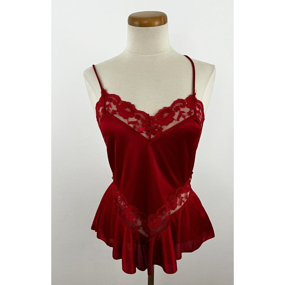 Vintage Petra Fashions Women's M Red Satin Teddy Romper Lace Trim